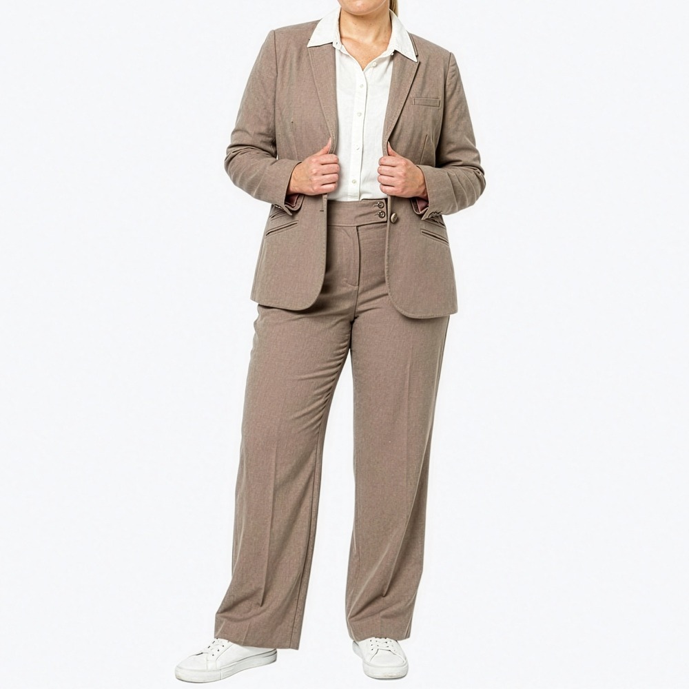 LTS Linen Pant Suit Natural Brown Blazer‎ Wide Leg Trousers Set 0X Tall 1XT